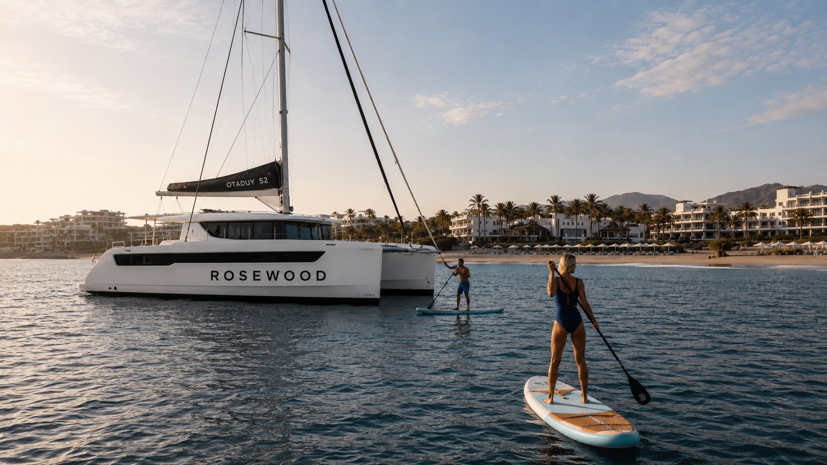 A yacht branded Las Ventanas anchored off the resort